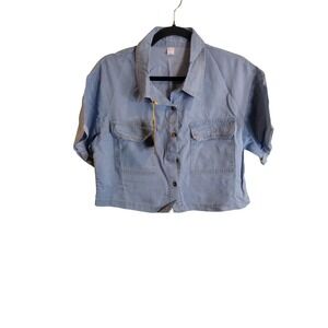 YPCT Women Light Blue 100% Lyocell Cropped Short Sleeve Button Down Shirt Size L